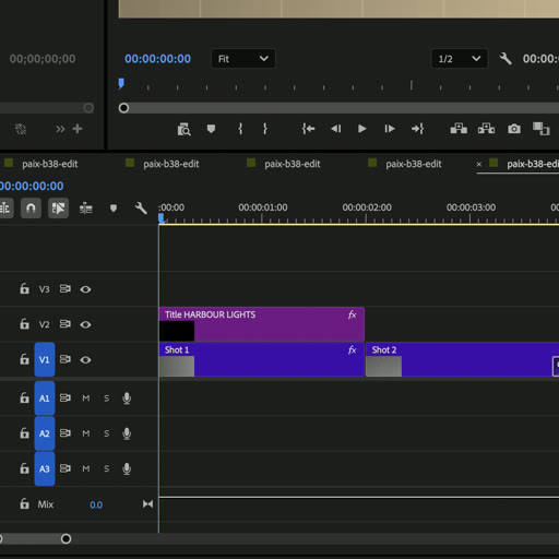 Premiere Pro timeline built by Qookin: shots on V1, a live title on V2
